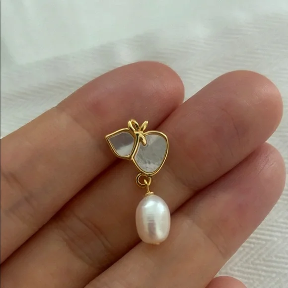 Gold Enamel & Mother of Pearl Earrings - Picture 5 of 7